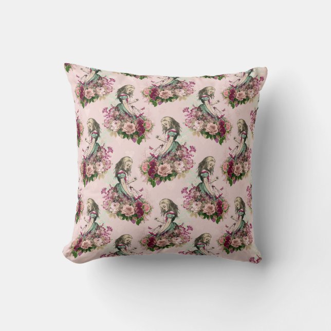 Alice in Wonderland Vintage Floral Pink Cushion (Front)