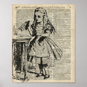 Alice in Wonderland Vintage Stencil on Old Page Poster