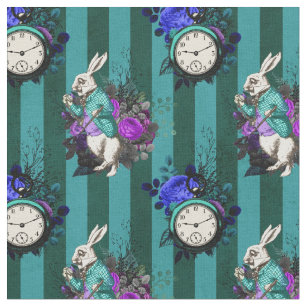 Alice in Wonderland White Rabbit and Clock Fabric