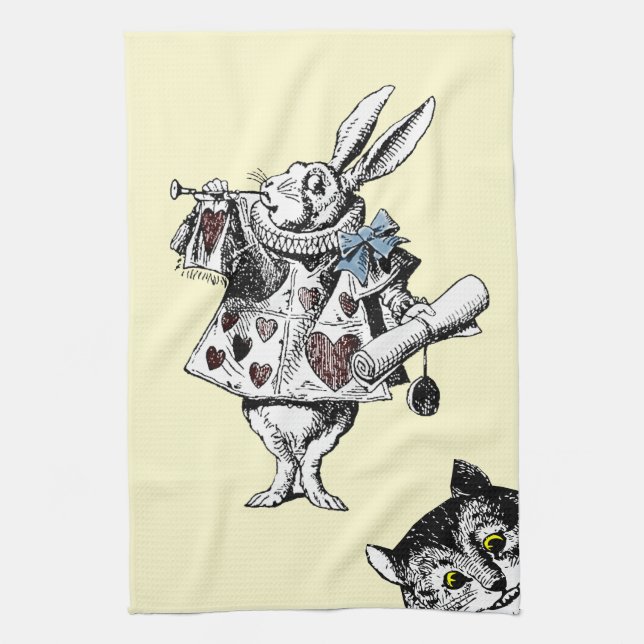Alice in Wonderland White Rabbit Cheshire Cat Tea Towel (Vertical)