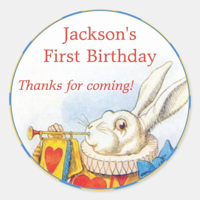 Alice in Wonderland White Rabbit First Birthday Classic Round Sticker (Front)