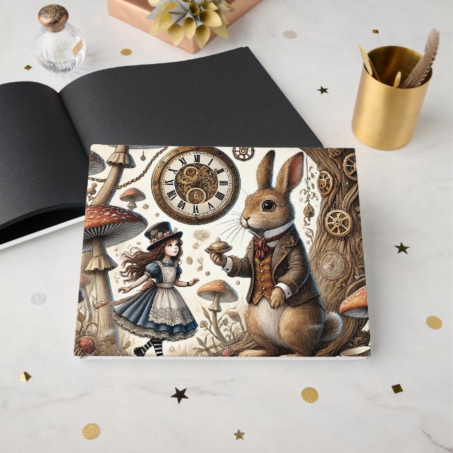 Alice in Wonderland White Rabbit tea Art Guest Book (Front Open)