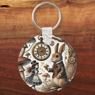 Alice in Wonderland White Rabbit tea Art Key Ring