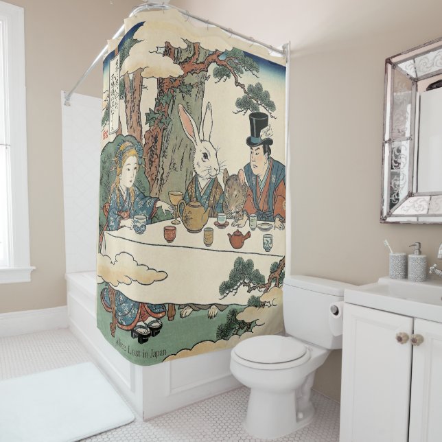 Alice Lost in Japan | Ukiyo-e Mad Tea Party Shower Curtain (In Situ)