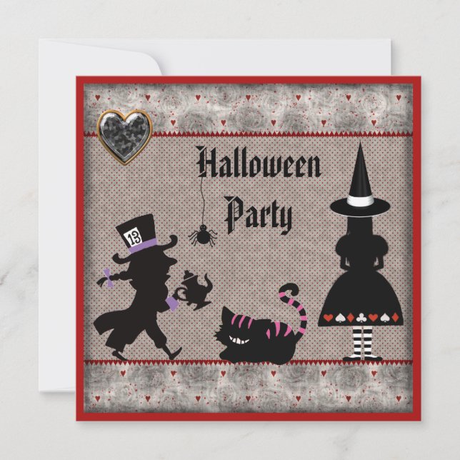 Alice, Mad Hatter & Cheshire Cat Halloween Party Invitation (Front)