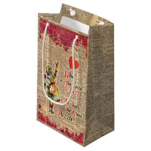 Alice,Mad Hatter &Rabbit Vintage Collage Quote Small Gift Bag