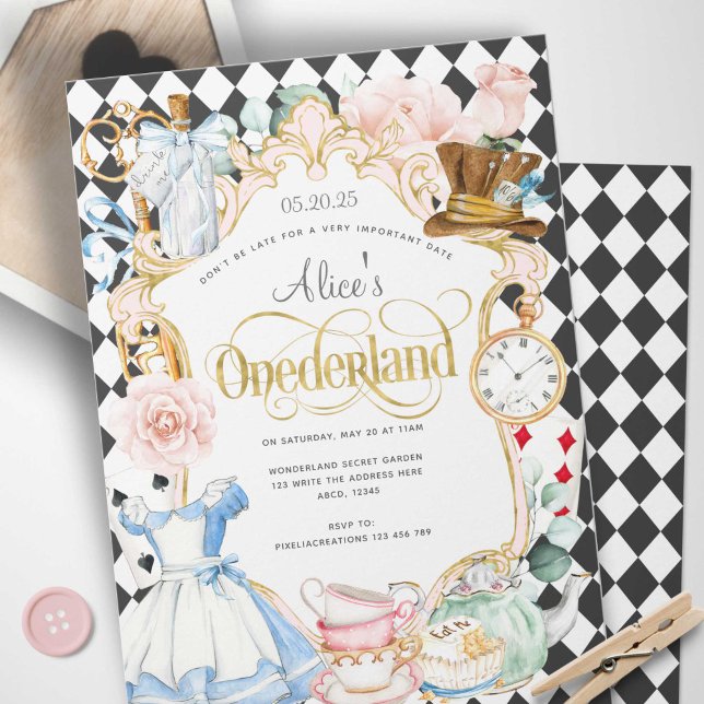 Alice mad hatter wonderland tea party 1st birthday invitation (Alice Onederland, Girl 1st birthday invitation.)