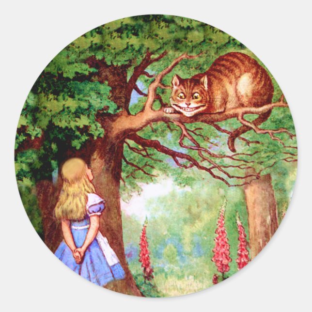 Alice Meets The Cheshire Cat in Wonderland Classic Round Sticker (Front)