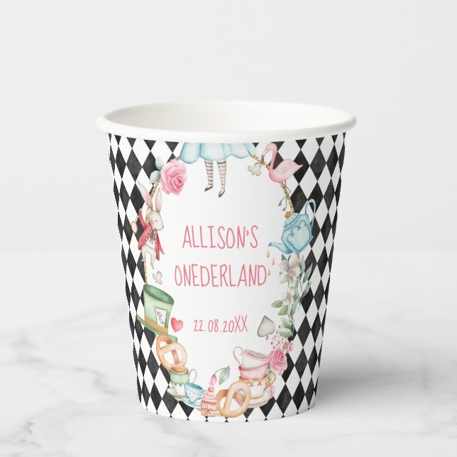 Alice Onederland Mad Tea Party Girl First Birthday Paper Cups (Front)