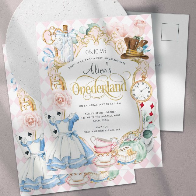 Alice Onederland tea party girl 1st birthday Invit Invitation Postcard (Creator Uploaded)