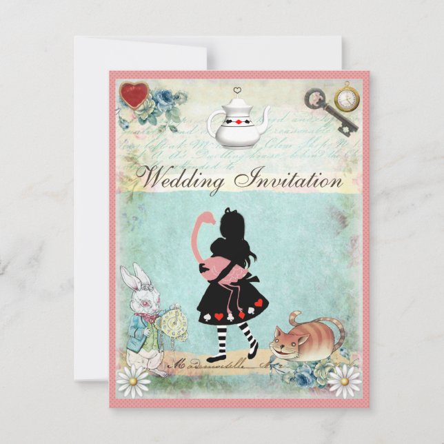 Alice, Pink Flamingo & Cheshire Cat Wedding Invitation (Front)