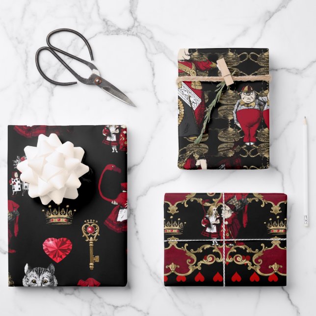 Alice Queen of hearts black and red set  Wrapping Paper Sheet (Front)