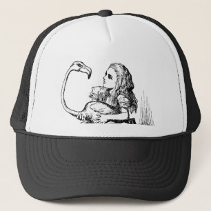Alice trying to play croquet with a flamingo trucker hat