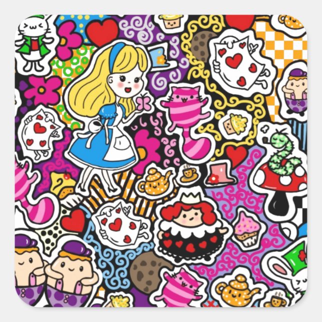 Alice Wonderland Mad Hatter Cat Doodle Art by Leah Square Sticker (Front)