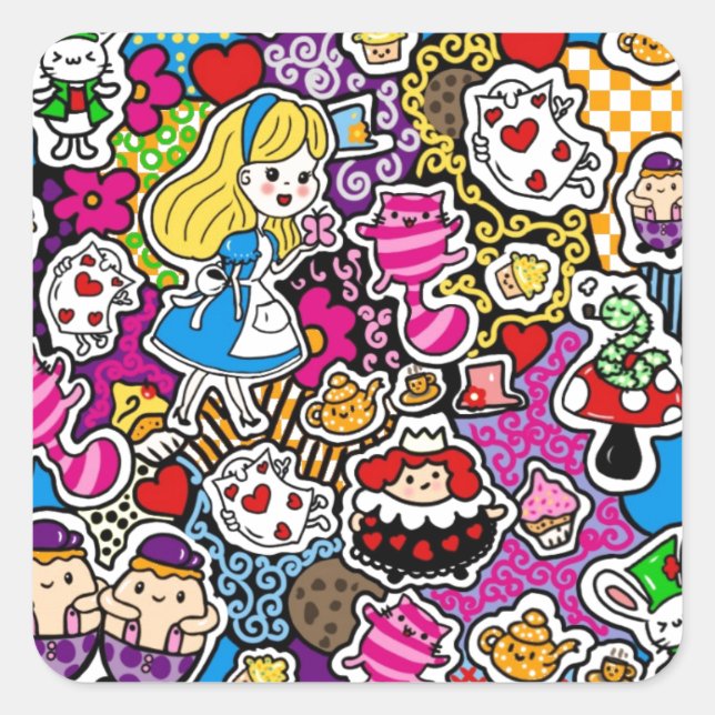 Alice Wonderland Mad Hatter Cat Doodle Art by Leah Square Sticker (Front)