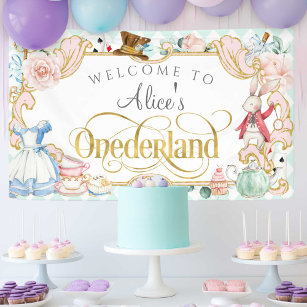 Alice's Onederland girl first birthday backdrop Banner
