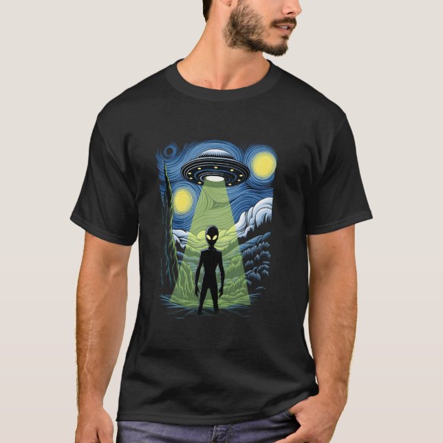 Alien Abduction Design Starry Night UFO T-Shirt (Front)