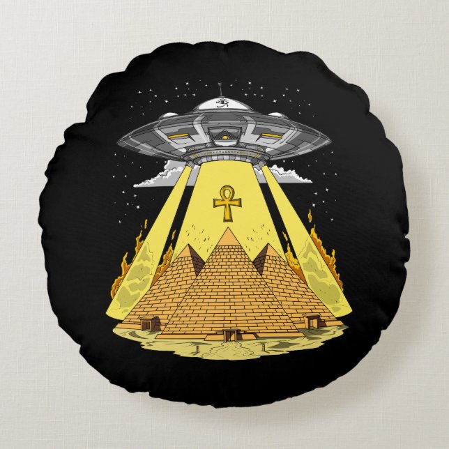 Alien Abduction Egyptian Pyramids Ancient UFO Round Cushion (Front)