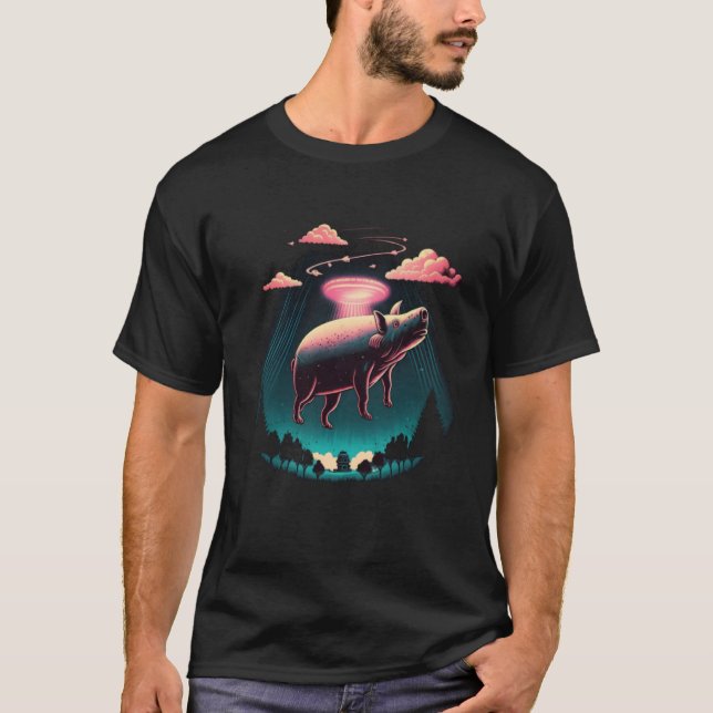 Alien Abduction Pig UFO Spaceship Extraterrestrial T-Shirt (Front)