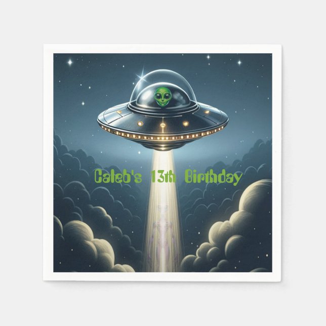 Alien Abduction UFO Blue Clouds Birthday Party Napkin (Front)