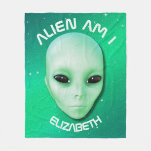 Alien Am I Green Funny Alien Face With Black Eyes Fleece Blanket