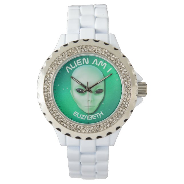Alien Am I Green Funny Alien Face With Black Eyes Watch (Front)