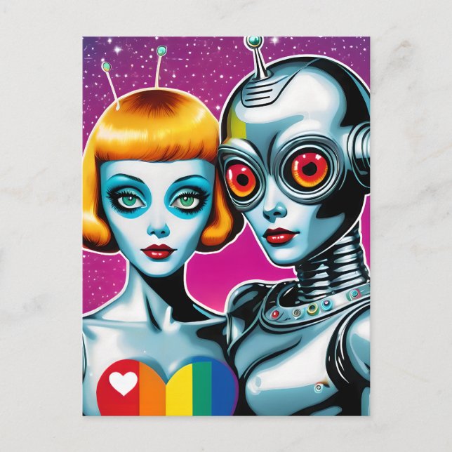 Alien and a Robot in Love Pride Postcard (Front)