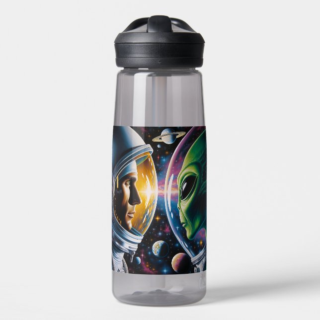 Alien and Astronaut in Space Personalised Water Bottle (Front)