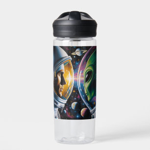 Alien and Astronaut in Space Personalised Water Bottle