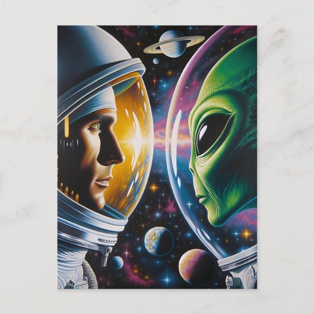 Alien and Astronaut in Space Postcard (Front)