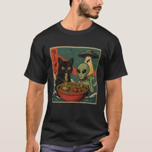 Alien and Cat Ramen Bowl Funny UFO Japanese Noodle T-Shirt