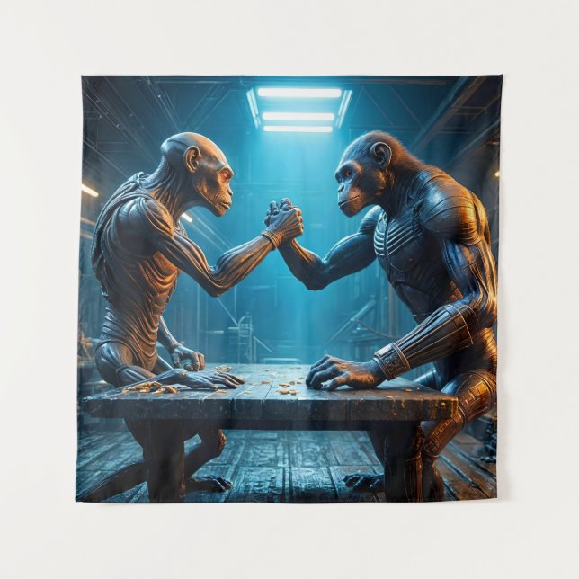 Alien and Monkey Arm Wrestling Tapestry (Front)