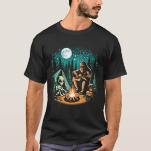 Alien and Monkey Playing Guitar Chilling Campfire T-Shirt