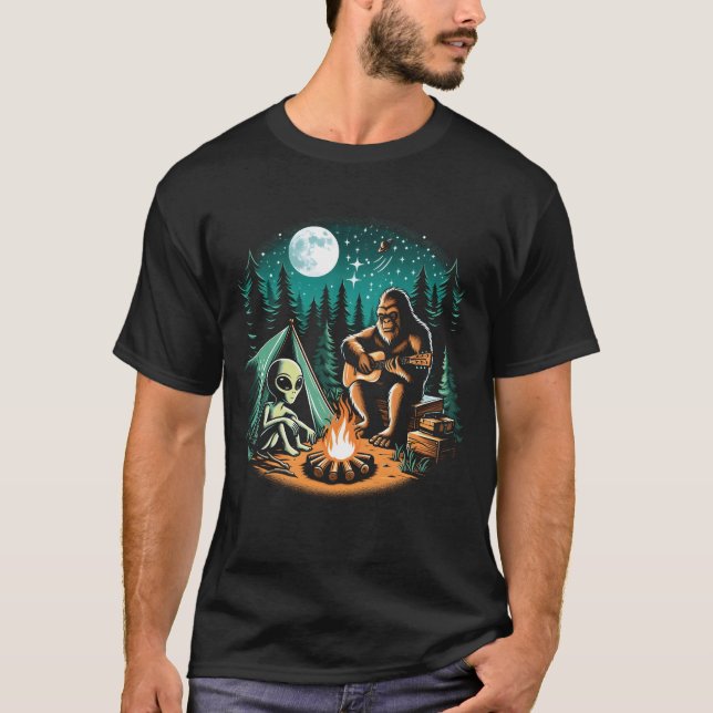 Alien and Monkey Playing Guitar Chilling Campfire  T-Shirt (Front)