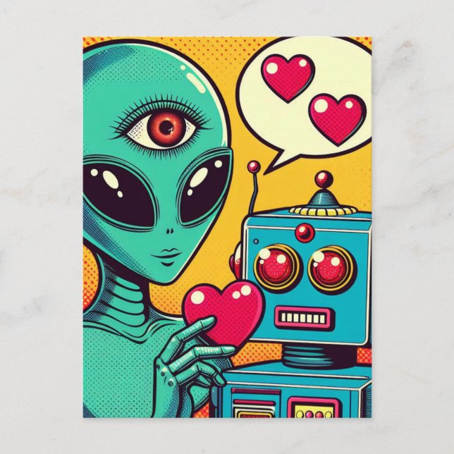 Alien and Robot in Love Retro Comic Postcard (Front)