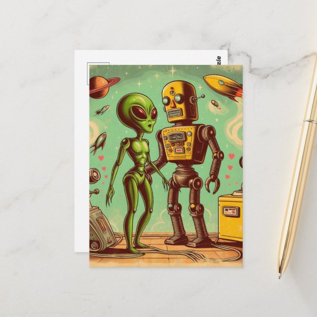 Alien and Robot Retro Love Postcard (Front/Back In Situ)