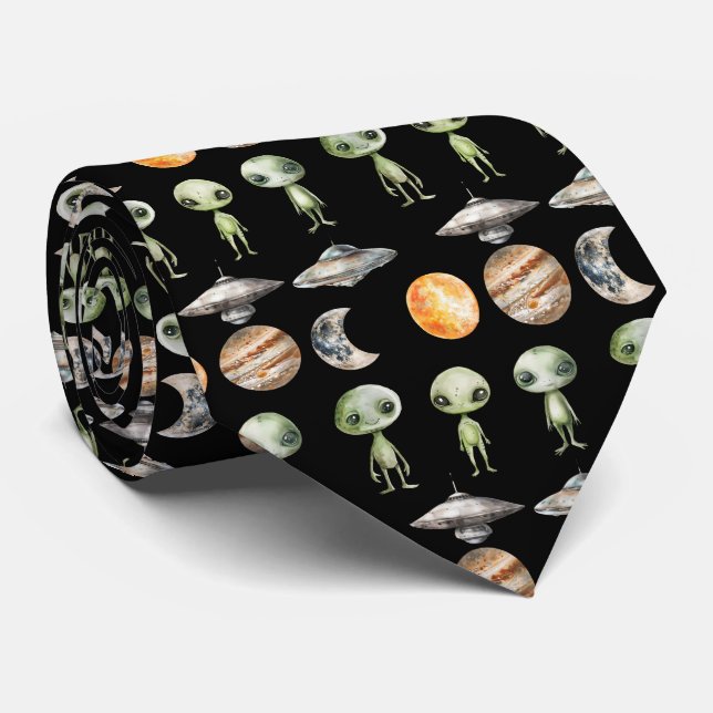 Alien and Spaceship Tie (Rolled)