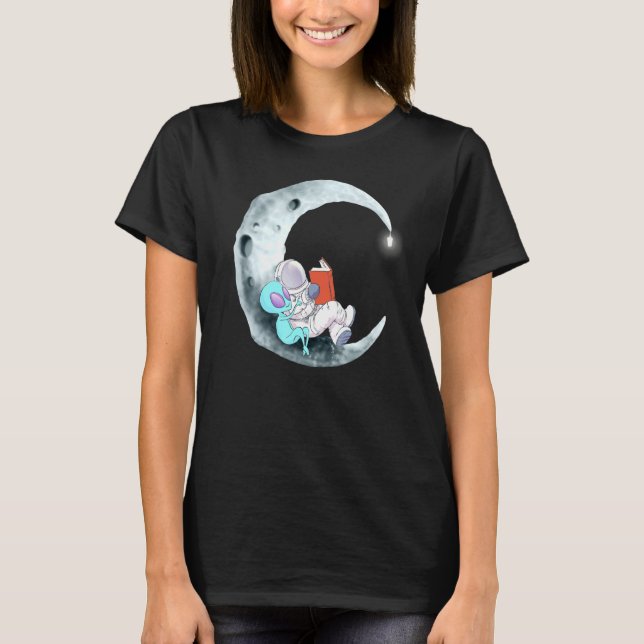 Alien Astronaut Reading Books In Space T-Shirt (Front)