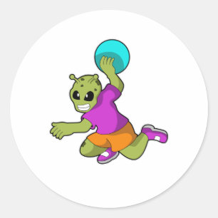 Alien at Handball player with Handball Classic Round Sticker