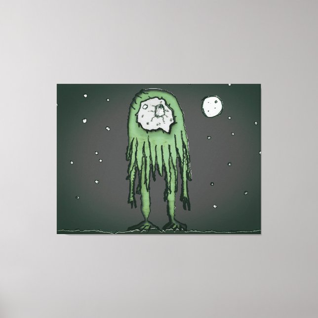 Alien at lunar landscape drawing scene canvas print (Front)