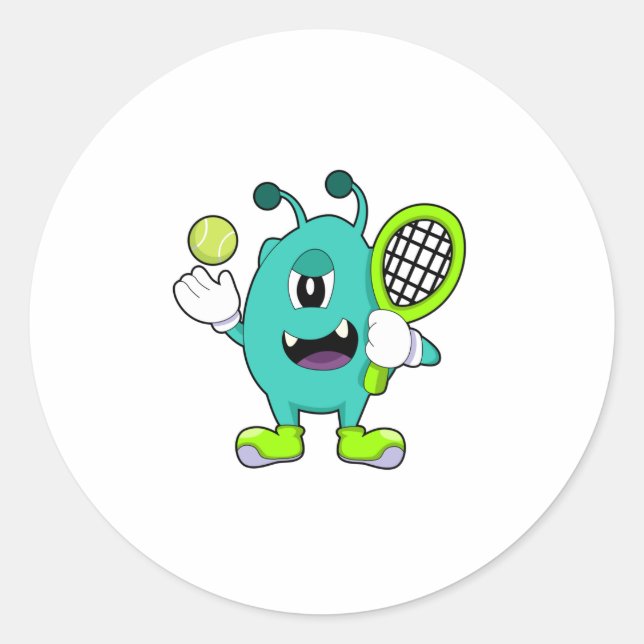 Alien at Tennis with Tennis racket Classic Round Sticker (Front)