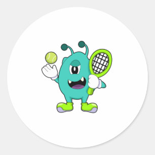 Alien at Tennis with Tennis racket Classic Round Sticker