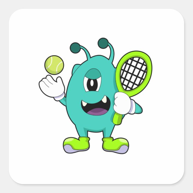 Alien at Tennis with Tennis racket Square Sticker (Front)