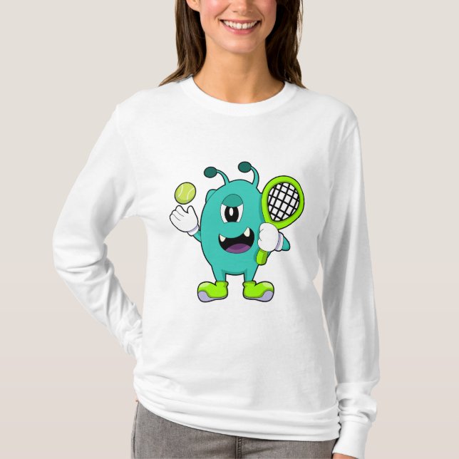 Alien at Tennis with Tennis racket T-Shirt (Front)