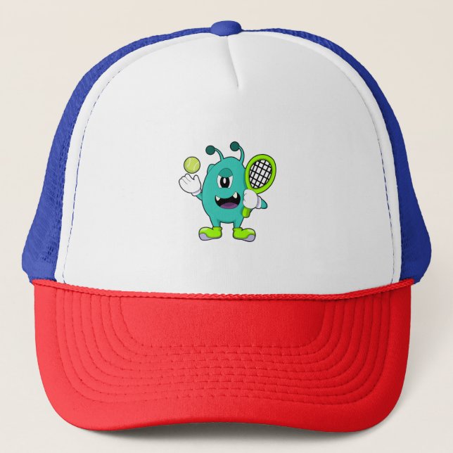 Alien at Tennis with Tennis racket Trucker Hat (Front)