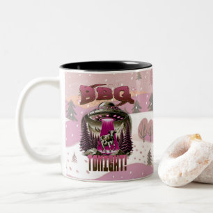 Alien BBQ Cow Abduction Joke Two-Tone Coffee Mug