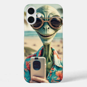 Alien Beach Selfie Retro Art iPhone 16 Plus Case