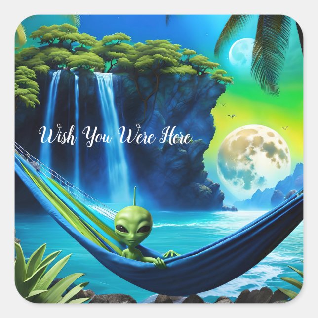 Alien Beach Vacation -Wish You Were Here Square Sticker (Front)
