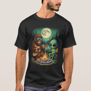 Alien Bigfoot Enjoy Campfire Guita Moonlit Forest T-Shirt