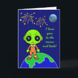 Alien Birthday Card new by Jo Images<br><div class="desc">A colourful Friendly Alien with the sentiment "Love you to the moon and back!" Inside "Happy Birthday to my favourite earthling!" Text can be customised to suit your occasion.</div>